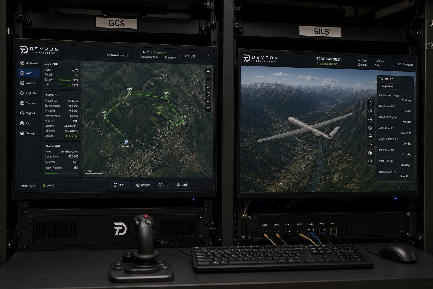 Devron ground control station mission map alongside a flight simulator with live telemetry