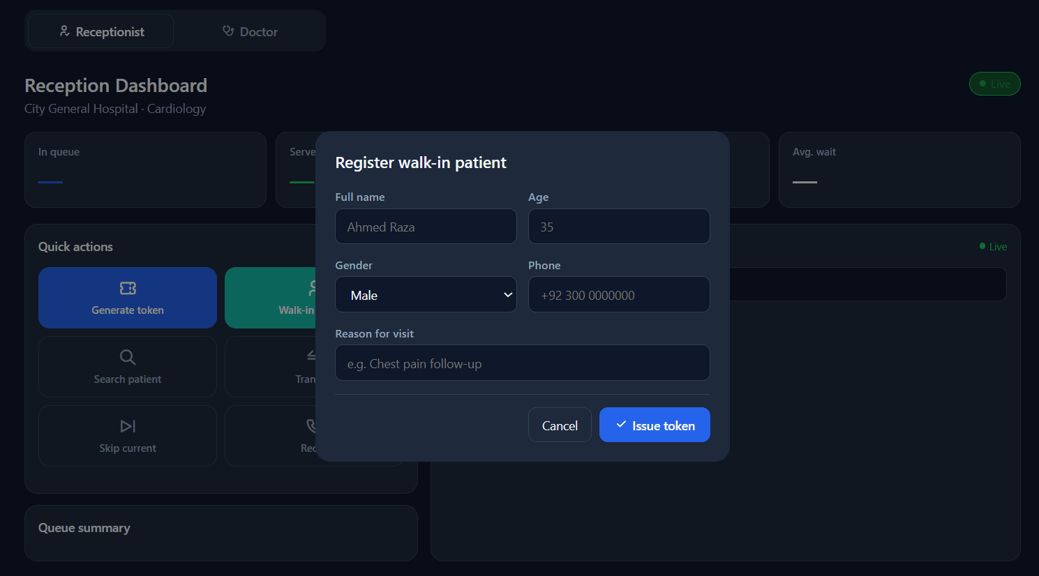 SmartQueue receptionist dashboard showing the walk-in patient registration form and live queue stats